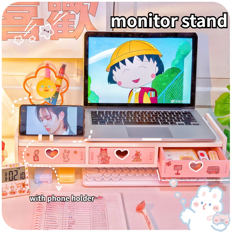 Kawaii Desktop Monitor Stand Wooden Computer Laptop Elevated Stand with Drawers Desk Storage Organizer Pink Cute Monitor Stand pink wooden computer monitor increase rack laptop increase storage box office desktop computer storage rack office accessories