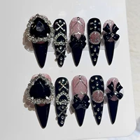 Black Long Stiletto Fake Nails 10Pcs Handmade Press On Nails Glossy Pink Long Almond False Nails Love Heart Bowknot Designers