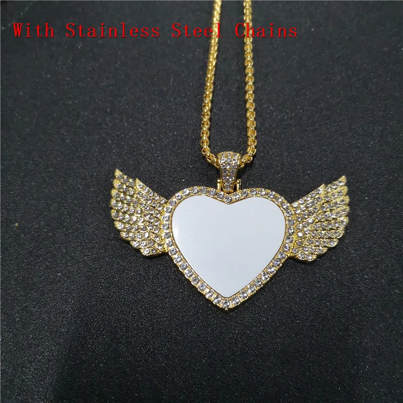 sublimation blank heart wings necklaces pendants with stainless steel chains  jewelry consumables 10pcs/lot 5