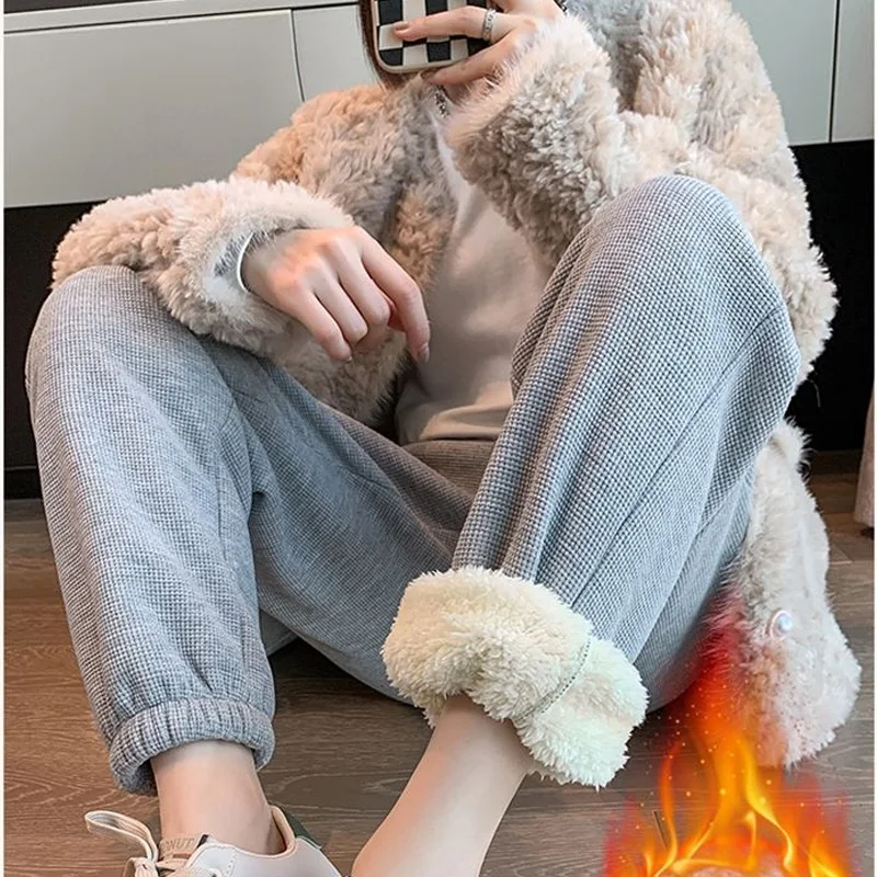 2023 Autumn Winter New Solid Color Fashion Elastic Waist Sweatpants Women High Street Pockets Plus Velvet Warm All-match Trouser