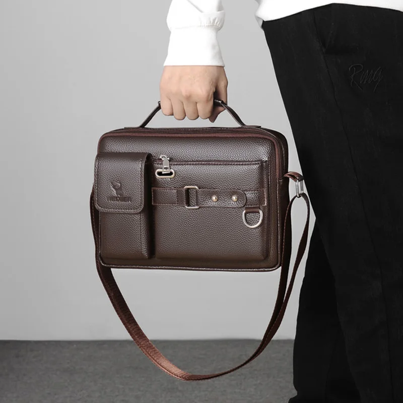 Leather Briefcase Men PU Leather Shoulder Crossbody Bag Laptop Briefcase
