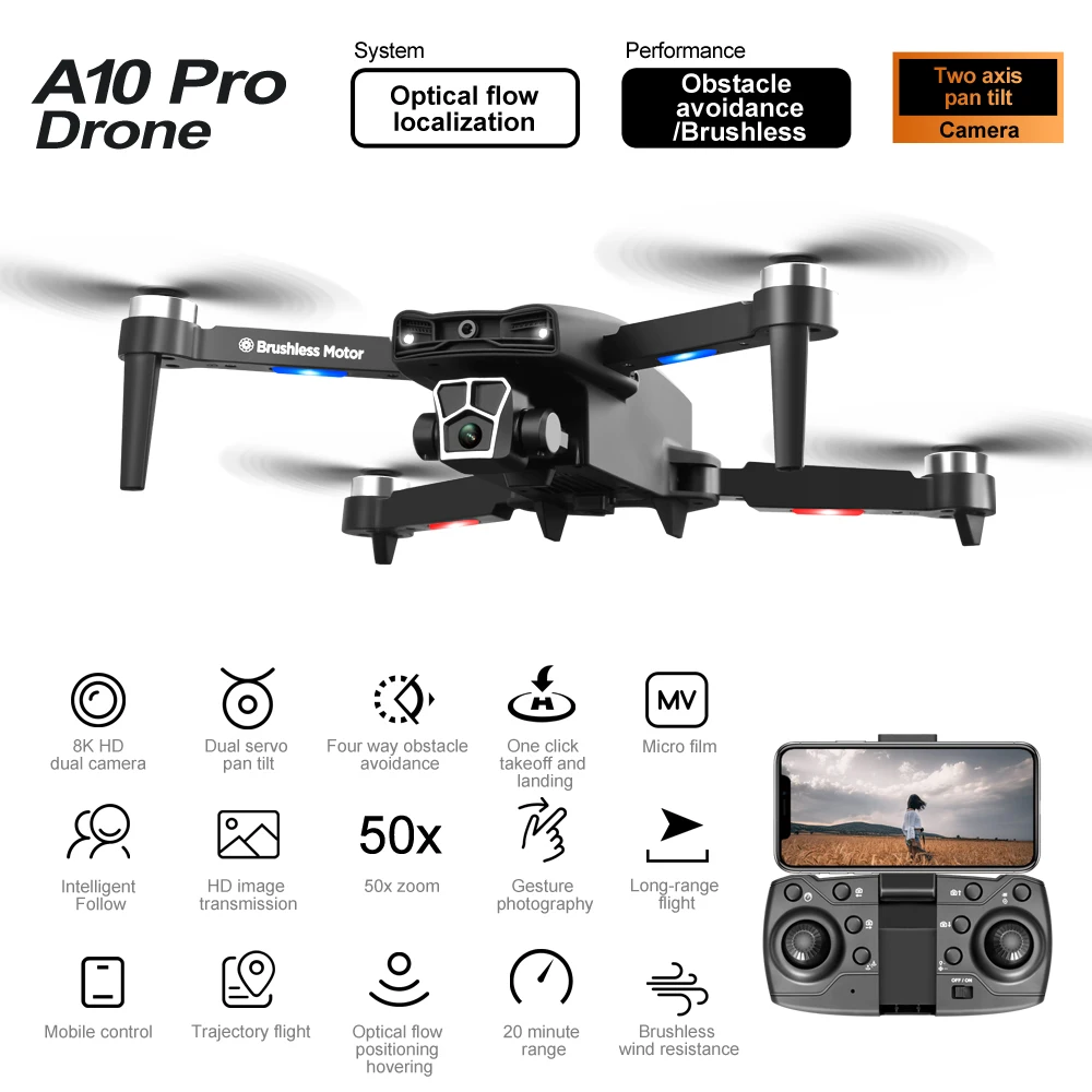 2024 A10PRO 2 축 짐벌 3 카메라 브러시리스 드론, 광학 흐름 항공 사진 쿼드콥터, 리모컨 항공기, 신제품
