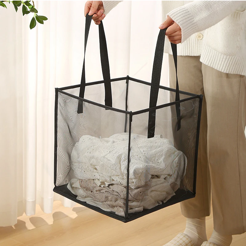 Folding Laundry Basket Organizer for Dirty Clothes Bathroom Clothes Mesh Storage Bag Household Wall Hanging Basket Frame Bucket