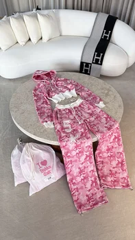Pink Letter Graphic Zipper Sportswear Clothes  Y2K FashionWomen's Casual Short Top Set Sweatshirt Loose Sport Pants 1