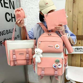 2024 Multifunction 5 Piece Set Combined School Bags For Girls Korean Fashion Mochila Kawaii High-capacity Purple Pink Backpack 1