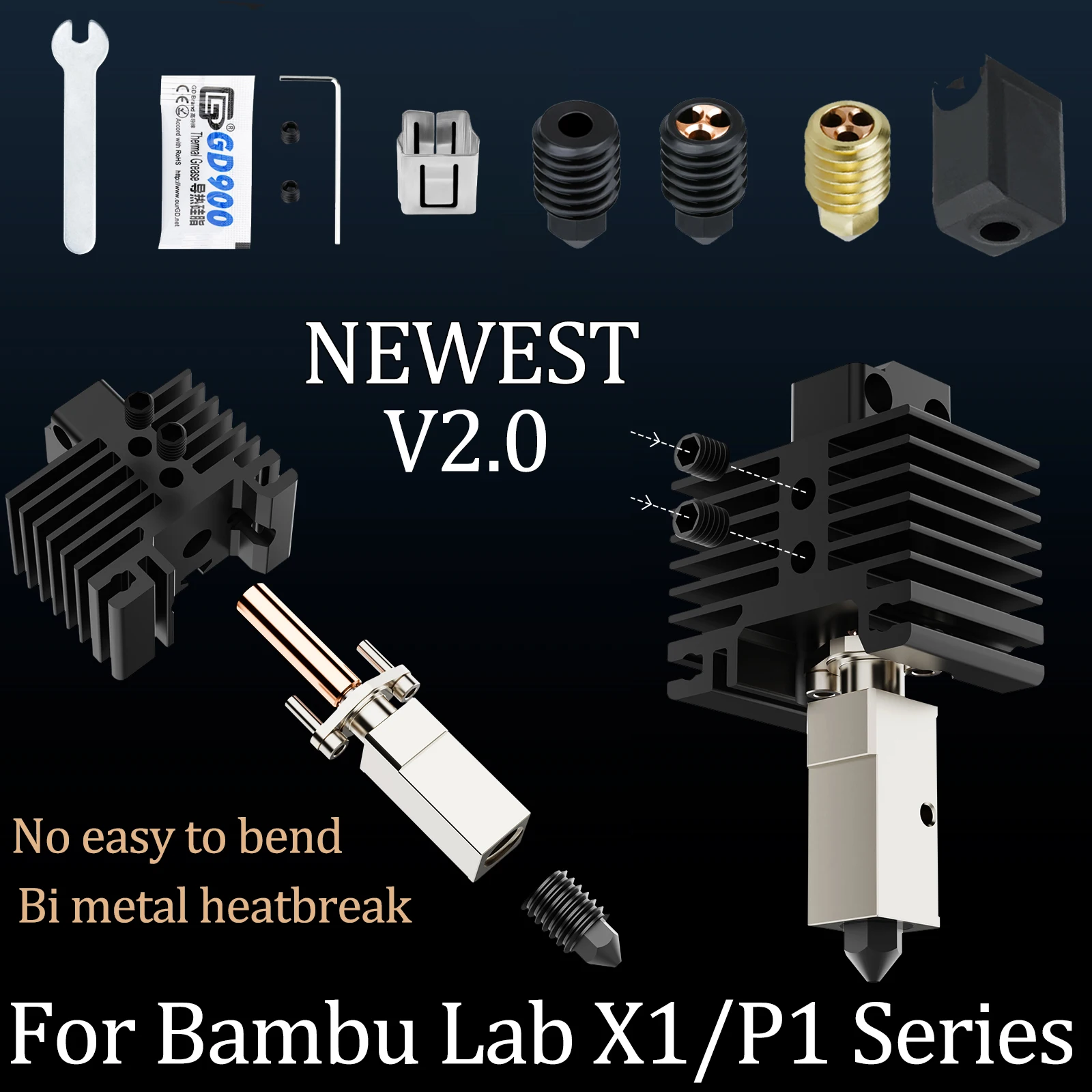 V2.0 For Bambu Lab P1P Hotend x1 Hotend Cht Nozzle P1P Thermistor High Speed Cht Hardened Nozzle Ceramic Heater Bi Metal Throat