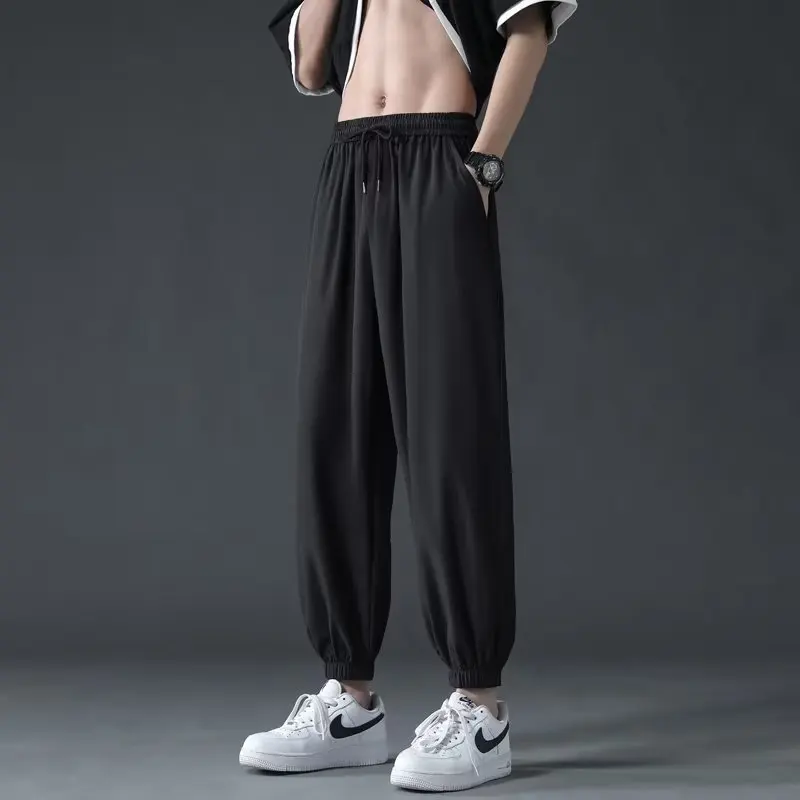 Solid Color Elastic Waist Ice Shreds Men Summer Simplicity Hong Kong Winds Loose Large Size Sagging Sensation Wide Legs Trousers