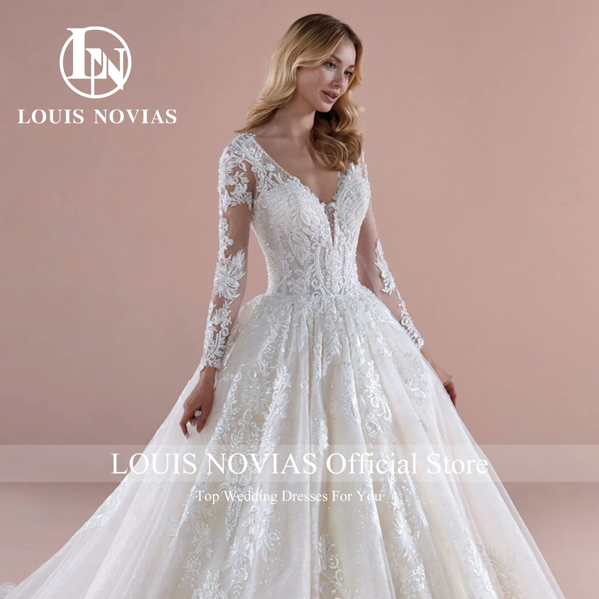 LOUIS NOVIAS Long Sleeve Wedding Dress 2024 Luxury Ball Gown Wedding Gown Elegant V-Neck Princess Bride Dress Vestidos De Novia