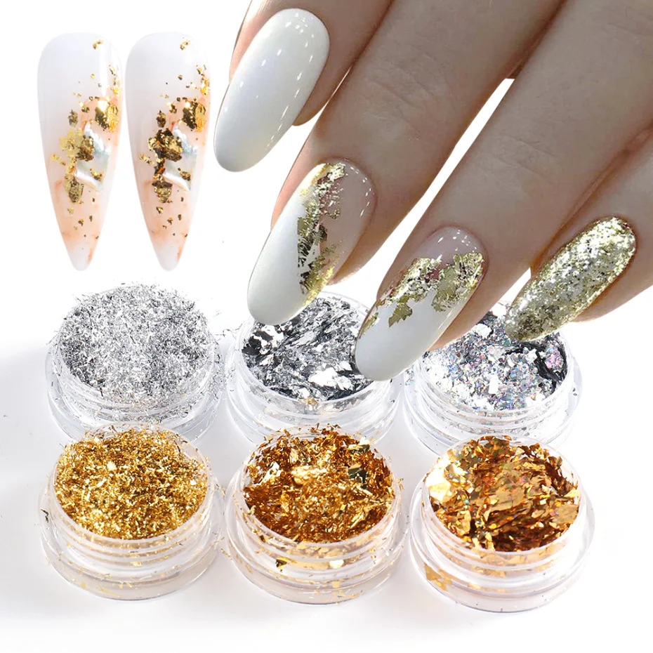 6BottleNailsGlitterAluminumGoldSilverFoilSequinsIrregular