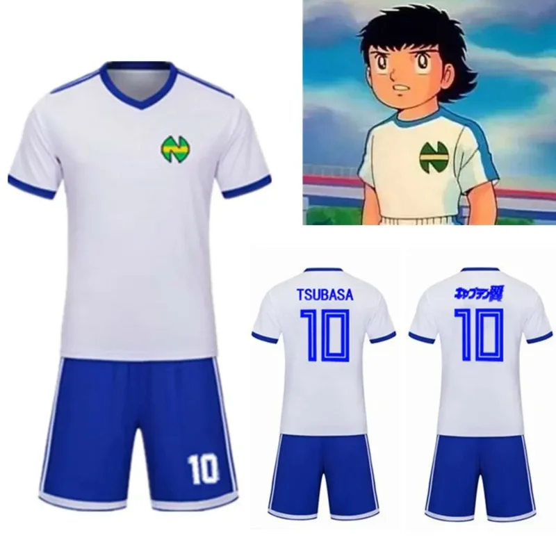 Captain Tsubasa Nankatsu School Football Jersey Set No.10 Tsubasa Ozora Cosplay White Soccer Top Tee & Blue Shorts