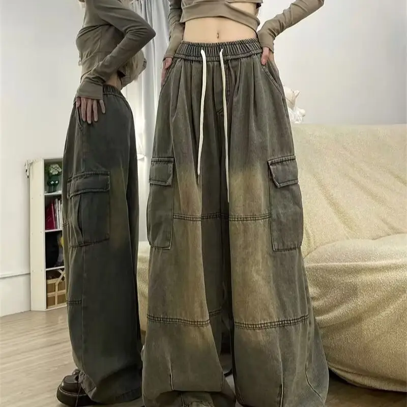 

American style trendy men and women hip-hop retro personality wide leg jeans loose multi pocket straight leg workwear casual y2k