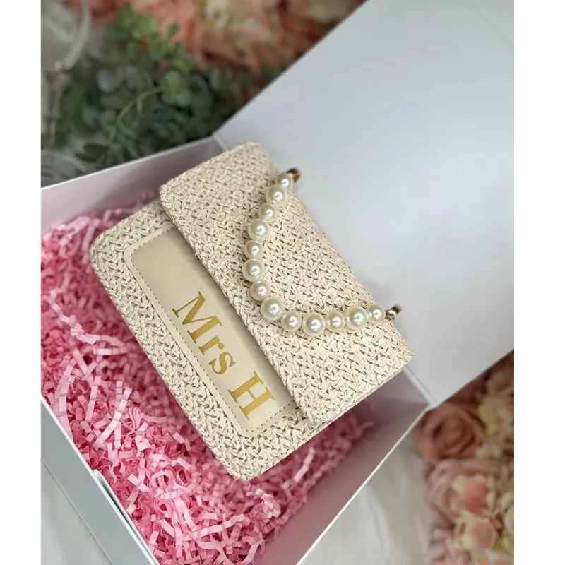

Personalised bridal Pearl handbag, woven bag, bridal shower gift, honeymoon gift, gifts for bride,Pearl clutch bag