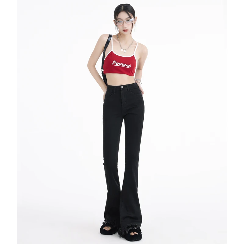 Raw Edge Micro Flare Jeans For Women High Waist Elastic Slim Flared Denim Pants Casual Retro Fit Skinny Trousers Elegant Fashion