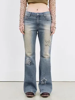 Women Flared Denim Pants Casual Star Pattern Bell Bottoms Jeans Bootcut Trousers for Streetwear 1