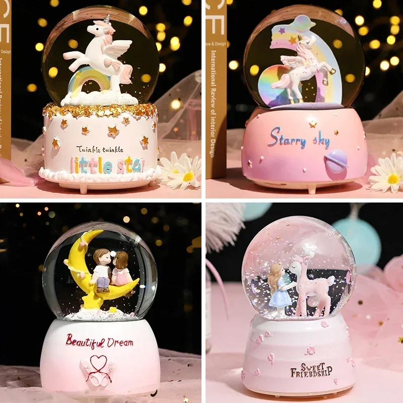 Dream Girl Unicorn Crystal Ball Music Box Crystal Snow Globe Music Box Light Wedding Lover Valentine's Day Girlfriend Gifts music box