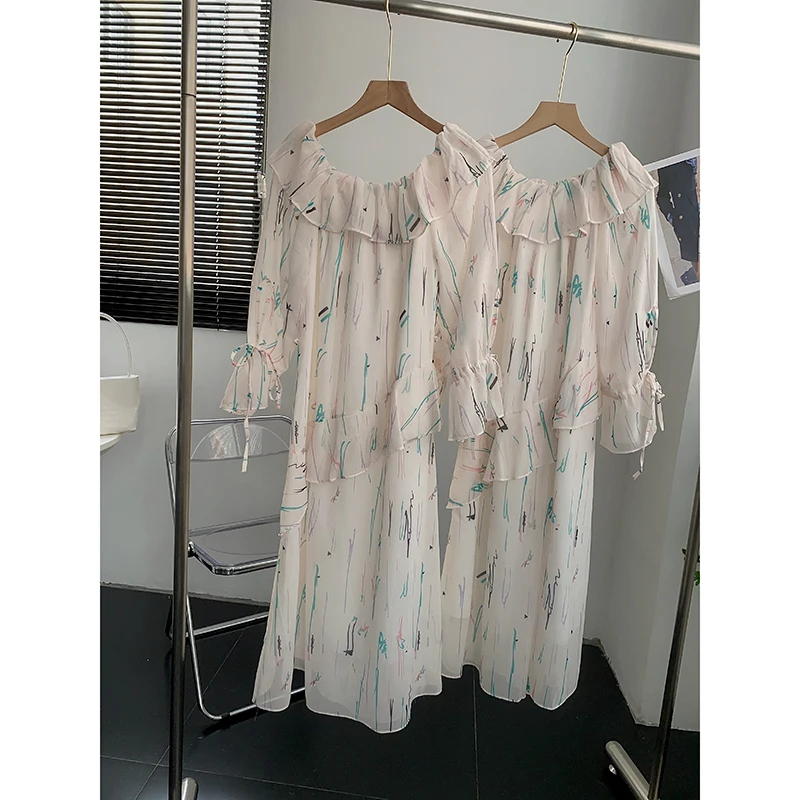 

Women's Apricot Printing Dress O-Neck Ruffles Chiffon Drawstring Lace-Up Petal Sleeve A-Line Mid-Length Dresses for 18-24Y