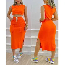 

Chicme Women Crop Sleeveless Tank Top & Split Hem Drawstring Slit Midi Skirt Set Two-piece Dress Sets Casual Summer Suit Set