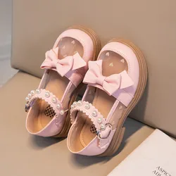 Girl Leather Shoes 2023 New Children's Hollow-out Mesh Breathable Sandals Cute Sweet Bow Kids Princess Soft Soled Non-slip Flats