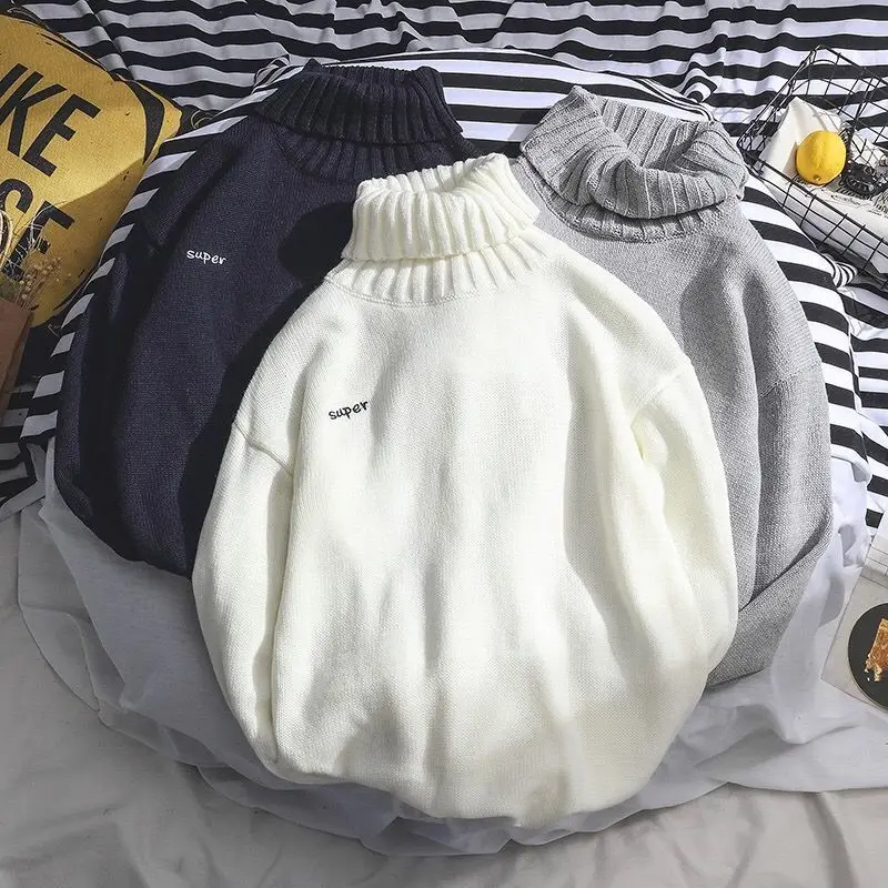 Hong Kong Style 2021 winter men's high neck sweater chic new Korean thickened sweater loose trend couple bottoms