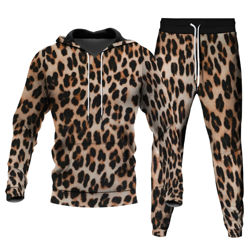 Leopard Zebra Pattern 3D Printed Tracksuits Men's 2 Piece Set Hoodies Sweatpants Streetwear Casual Two Piece Male Oversized Suit