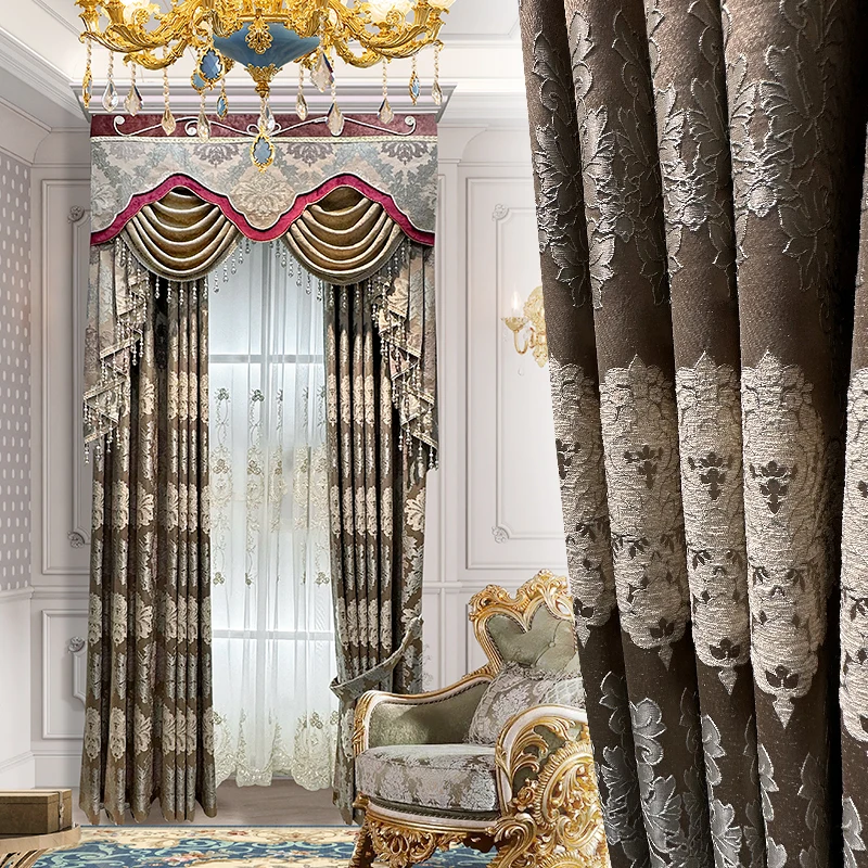 

Custom curtain European high-grade luxury jacquard coffee chenille thick bedroom blackout curtain tulle valance drape M1509