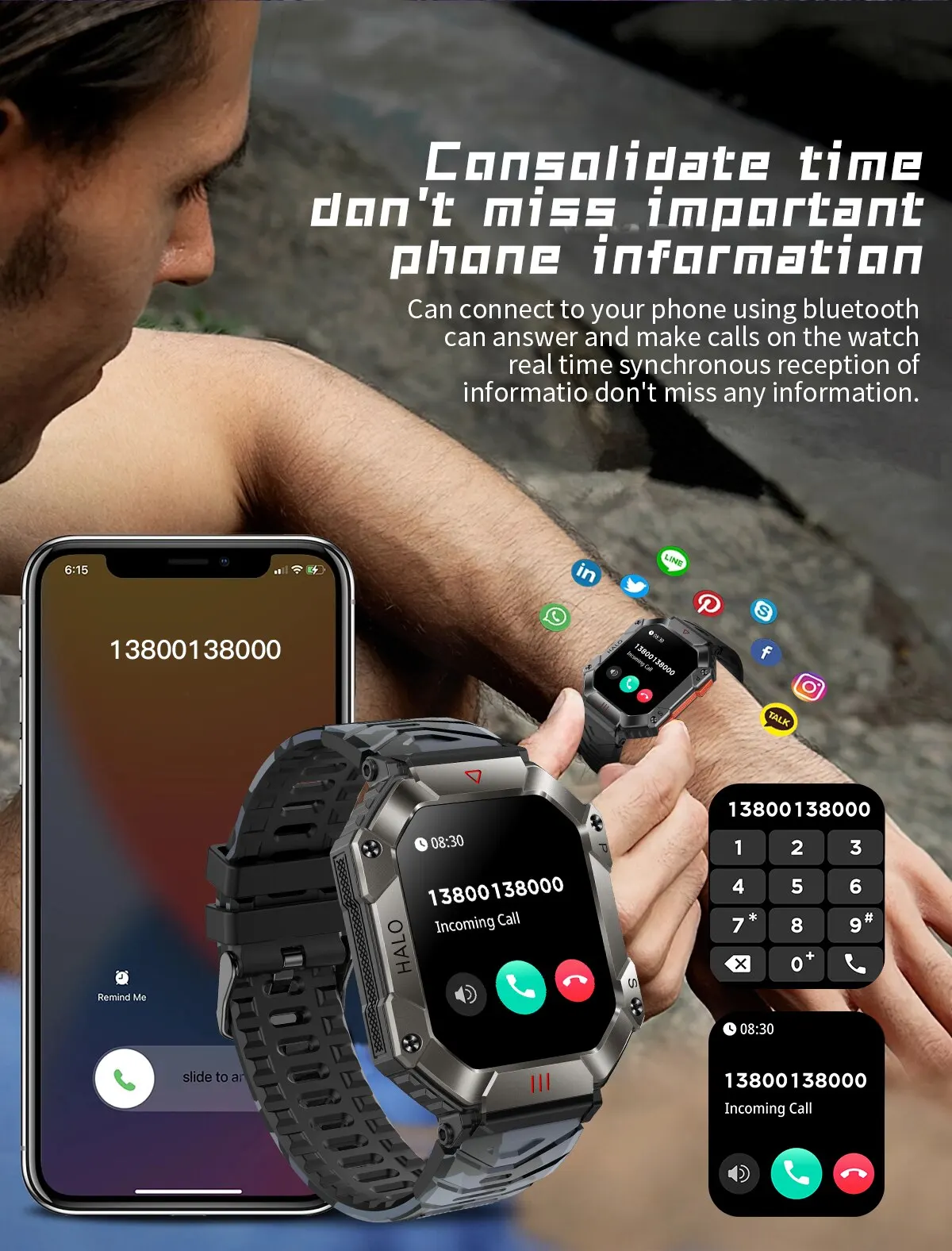 SENBONO 2023 Men Smartwatch Compass Barometer Altimeter GPS Trajectory Outdoor Sport Bluetooth Call 650mAh 2.0'' Smart Watch Men