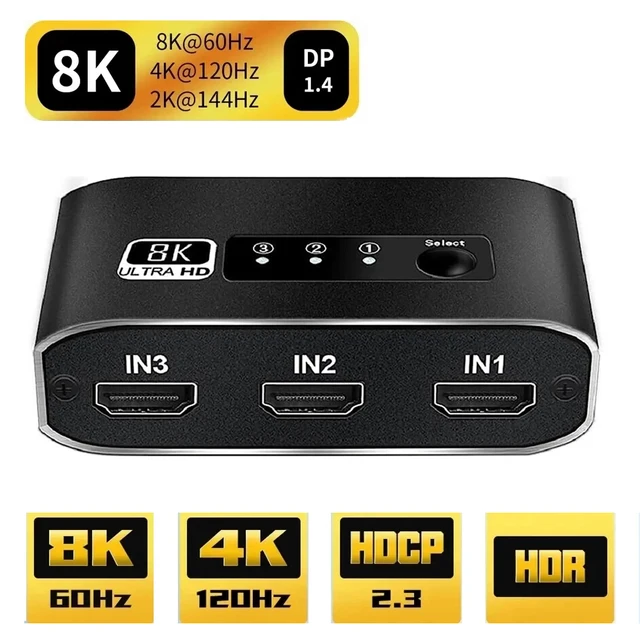 4k Monitor HDMI 2.1 Switch 8K, AVIDGRAM HDMI Switcher 2 In 1 Out With IR Remote 2 Port 4k 120hz Auto Hdmi Selector Hub Support Hdmi Splitter