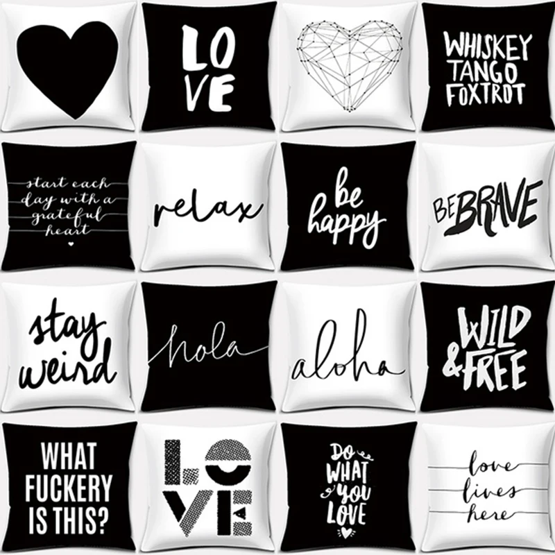 BlackandWhiteEnglishSentencePrintingSeriesPatternPillowcase