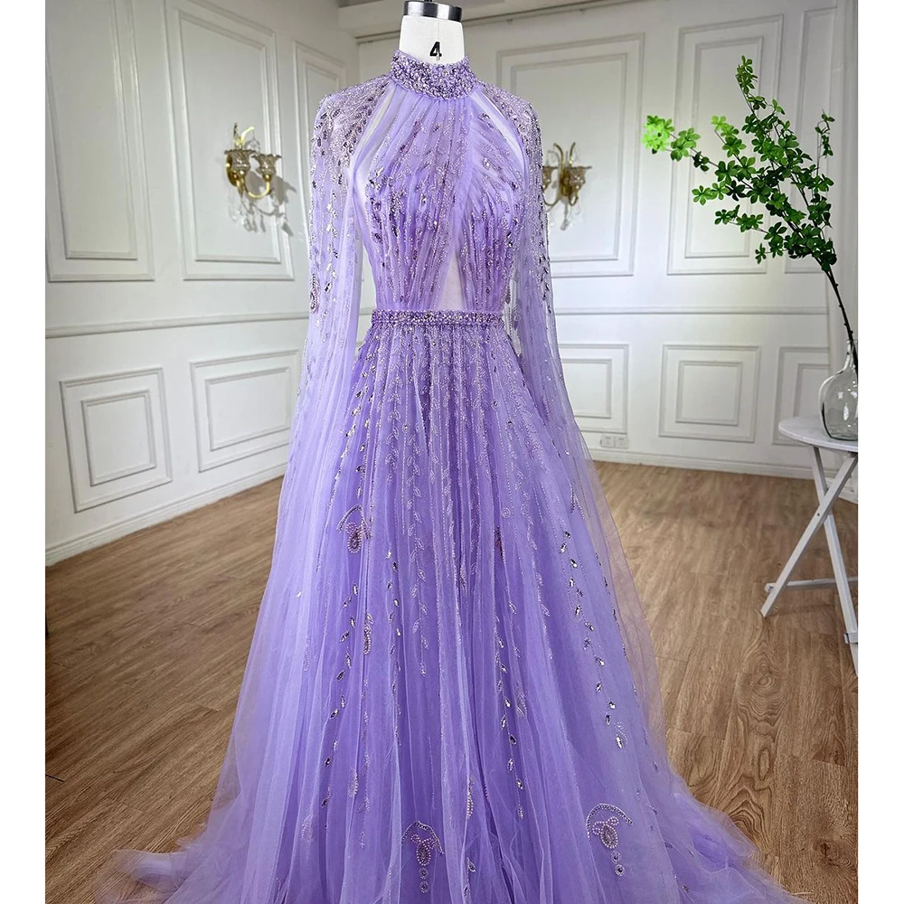 Serene Hill Dubai Arabic Luxury Nude A Line Beaded Evening Dresses With Cape Sleeves Gowns For Women  Wedding Party 2023 LA71803