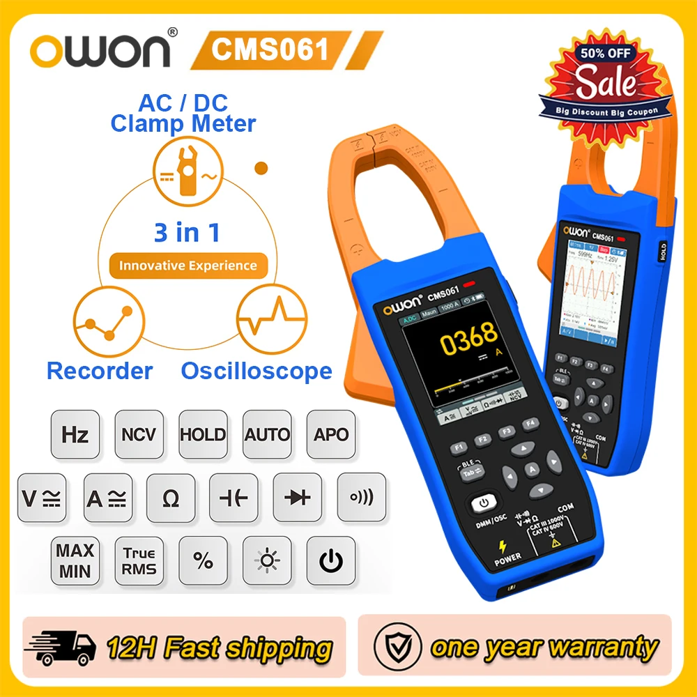 OWON 3 In 1 AC/DC Clamp Teter+Digital Oscilloscope CMS101 1000A CMS061 600A Bluetooth Recorder Function NCV Multifunction Meter