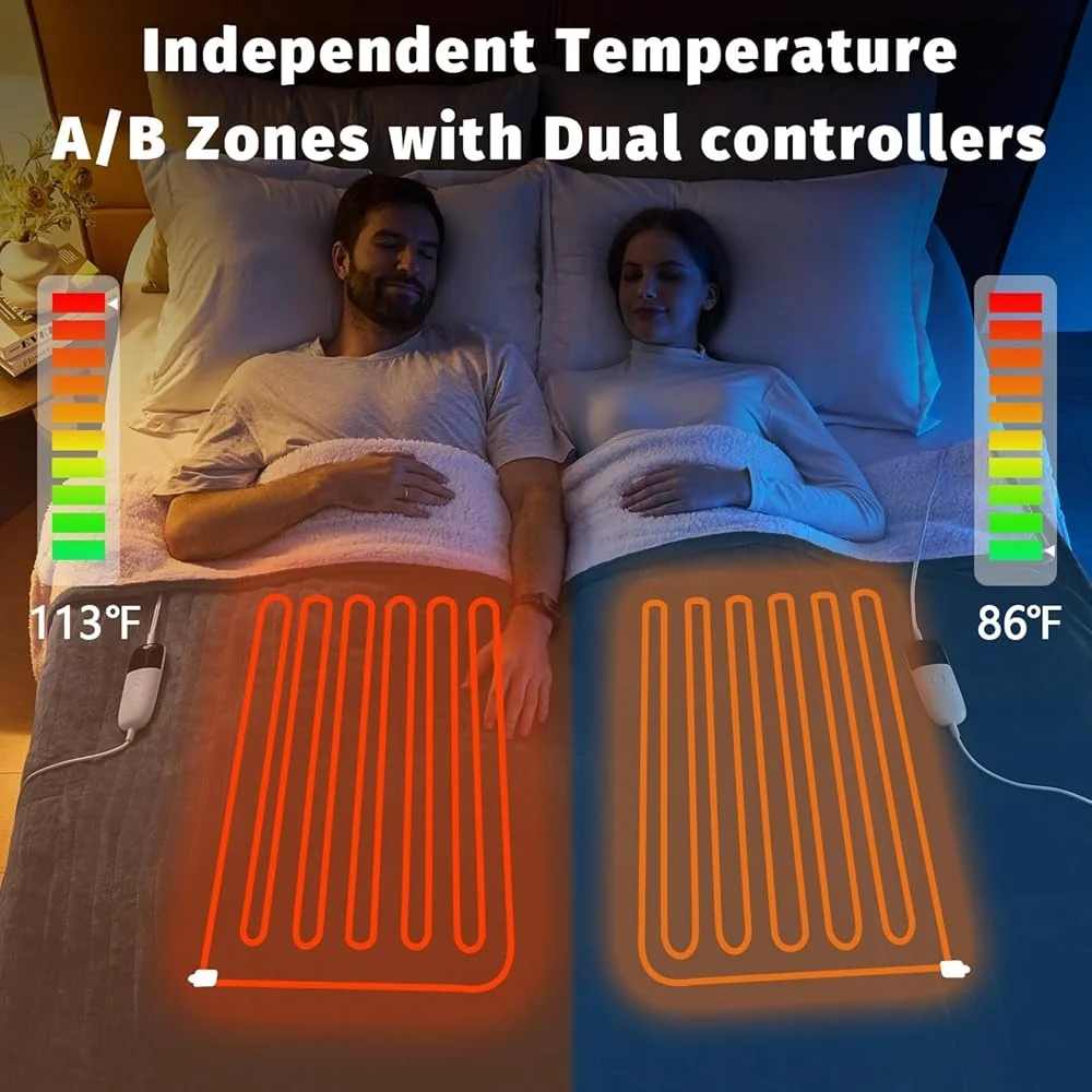 Heated Electric Blanket Queen Dual Control 10 Heat Levels 8 Hours Auto Shut Off Soft Flannel with Overheat Protection 3