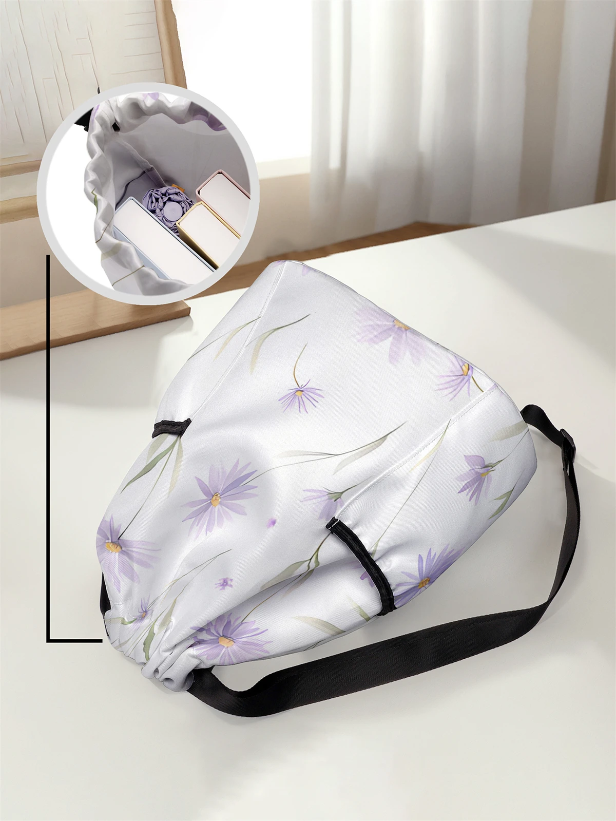 Flower Pattern Drawstring Backpack - Large Capacity Durable Fitness Bag, Adjustable Shoulder Straps, Sports Beach Backpack