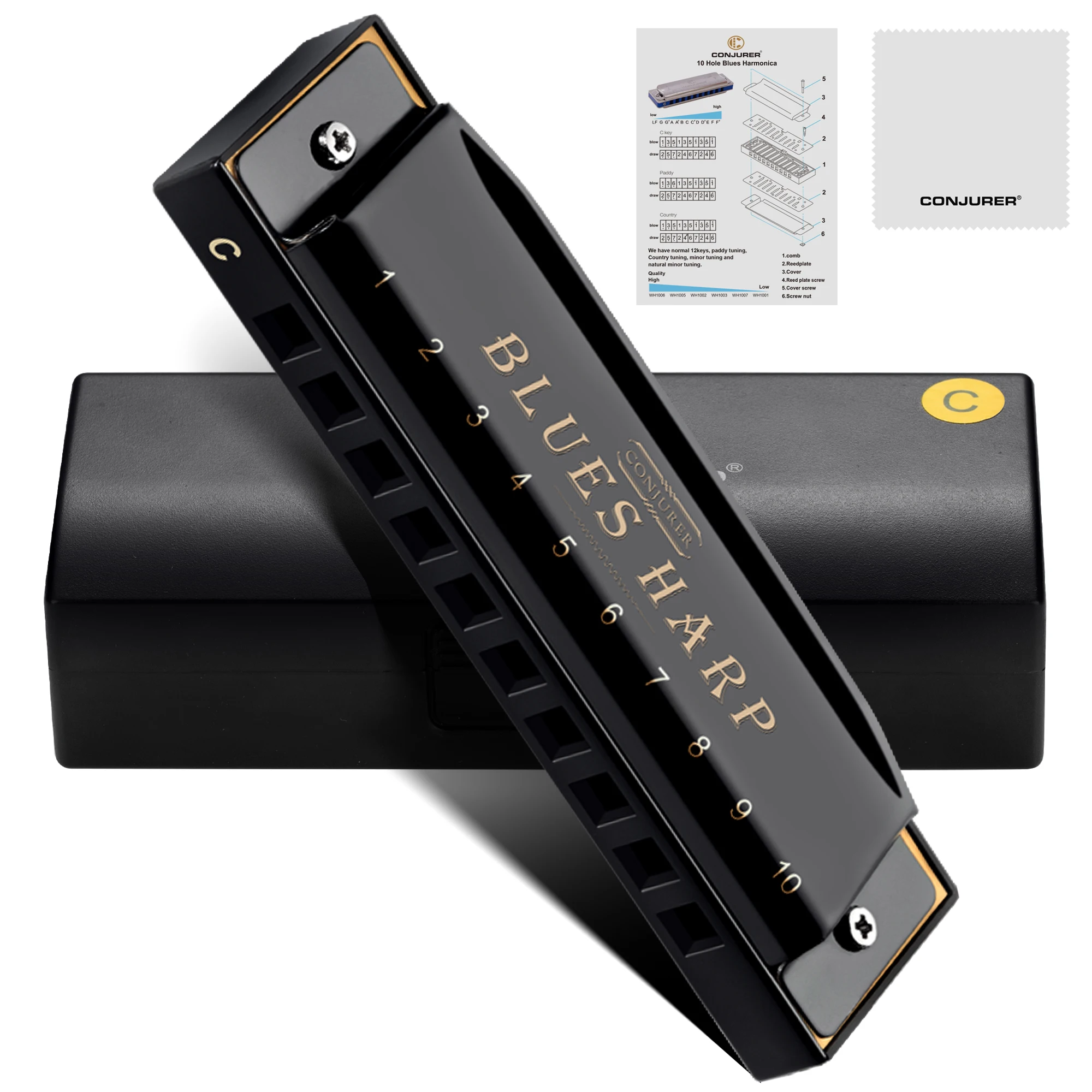 CONJURER Diatonic Harmonica 10 Hole Blues Harp Mouth Organ with different keys Professional Musical Instruments(BLACK COVER)