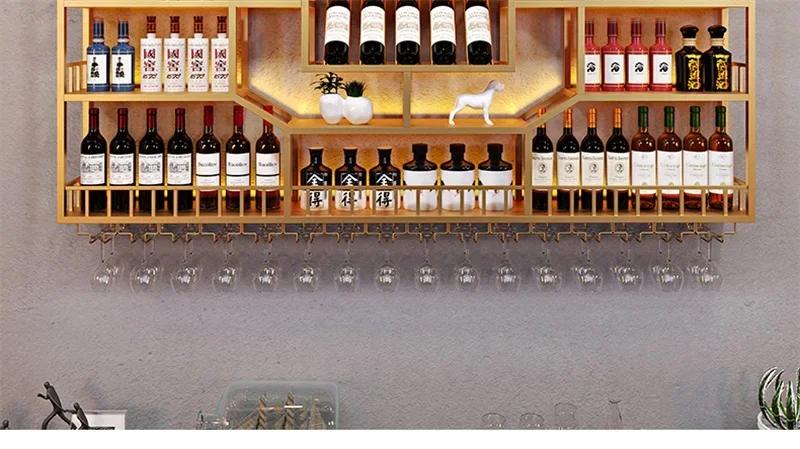 Nordic Iron Art Wine Rack Creative Wine Display Cabinet with Light Industrial Style Hotel Restaurant Wall-mounted Bar Cabinets