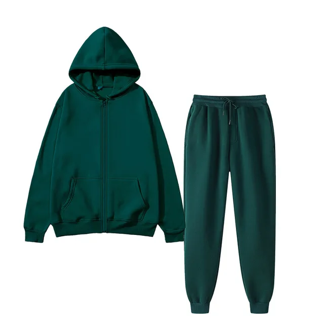 Ensemble de vêtements de sport unisexe de couleur unie, à la mode et décontracté, sweat-shirt + pantalon de survêtement chaud avec fermeture éclair, automne et hiver 1