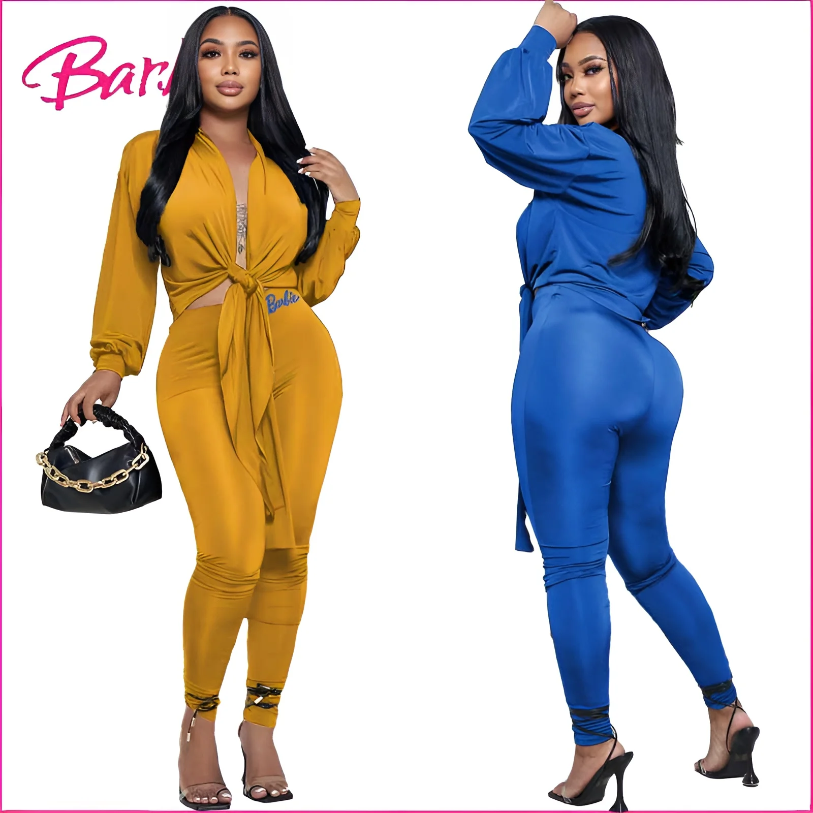 

Barbie Women Sexy Lace Up V Neck Cardigan Long Sleeve Tight Trousers Two-Piece Ladies Night Club Pants Sets Party Outfits