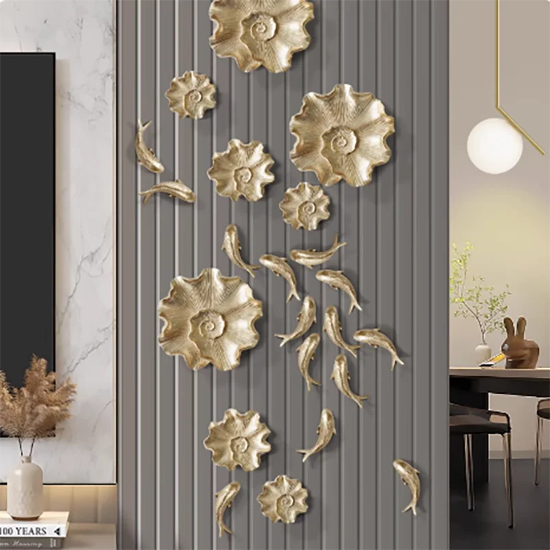 Chinese Lotus Leaf Koi Goldfish Resin Wall Accessories Items Home Room Background Wall Mural Decoration Cafe Hotel Sticker