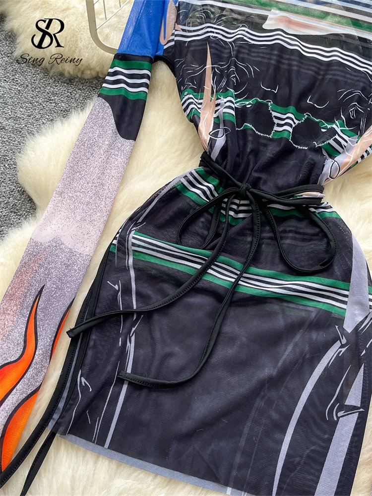 SINGREINY Multicolor Print Mesh Dress Sheer Long Sleeve Lace Up Slim Night Party Short Dresses Women Clubwear Bodycon Mini Dress 4