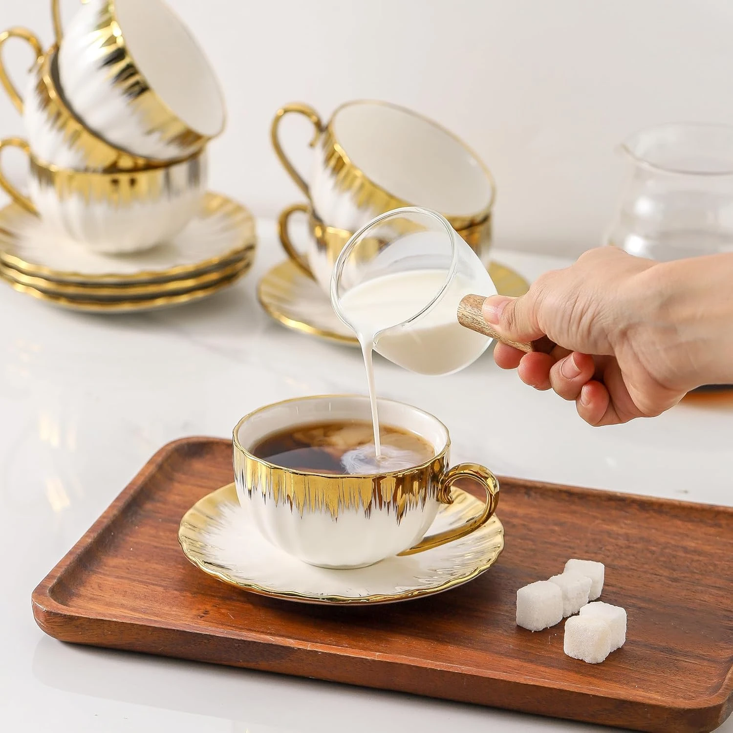 Tea Cups and Saucer, Ceramic Cappuccino Cup with Saucer 7oz Turkish Coffee Cup Set for Double Espresso, Latte,White