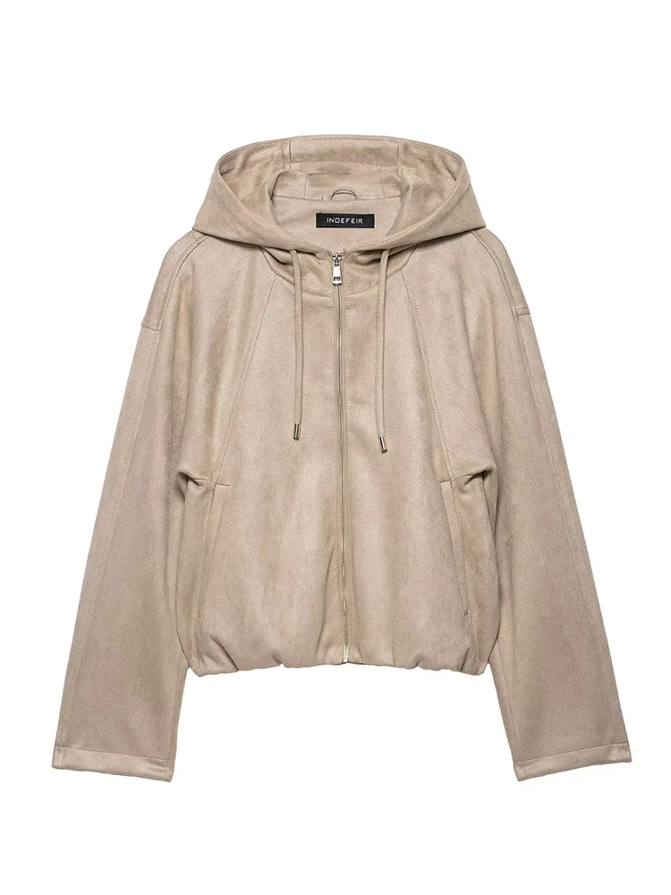 Women's Fashion Warm Hooded Jacket Autumn New Long Sleeve Pocket Zipper Short Coat Ladies Commuter Casual Solid Jacket