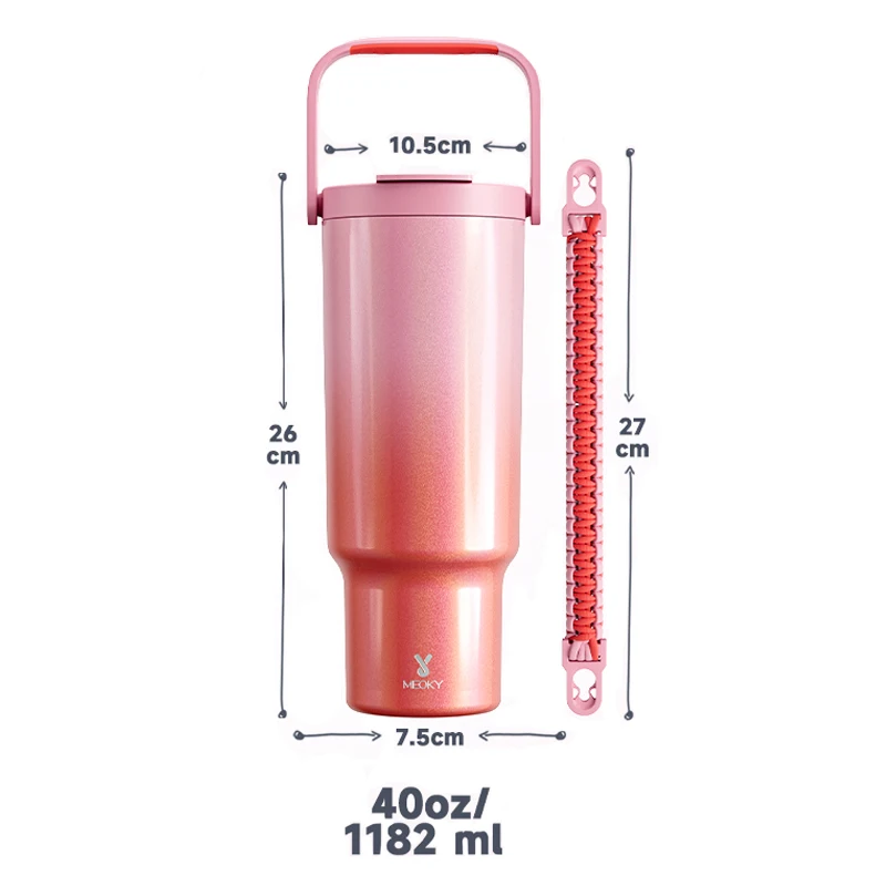 Meoky 컵 레드 핑크 그라디언트 커피 컵, 40oz, 1182oz, 누수 방지, 스테인리스 스틸 음료수 병, 34 시간 동안 아이스 및 온수 유지