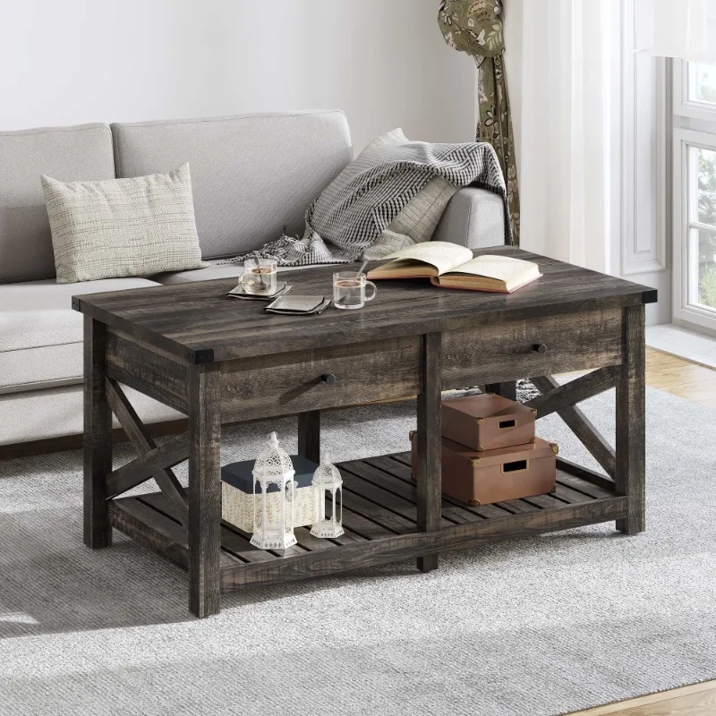 

Dextrus Farmhouse Coffee Tables with 2 Drawers, Vintage Living Room Center Table with Shelf, Rustic Oak