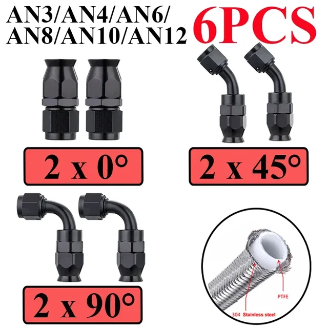 6ชิ้น AN3ทั่วไป AN4 AN6 AN10ตรง0 45 90องศาอะแดปเตอร์ข้อต่อท่อน้ำมันเชื้อเพลิง PTFE แบบหมุนได้ 1