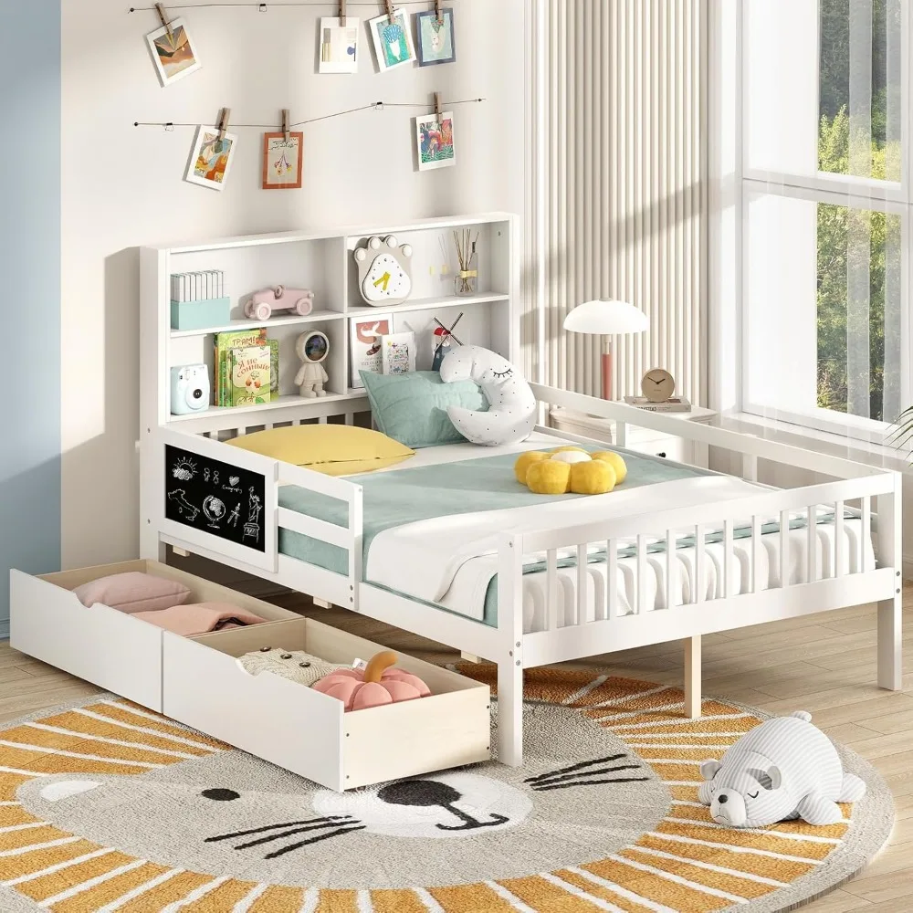 Full Bed with 2 Storage Drawers,w/Bookcase Headboard & Blackboard,Wooden Slats Support,Full Size Bed Frame 4