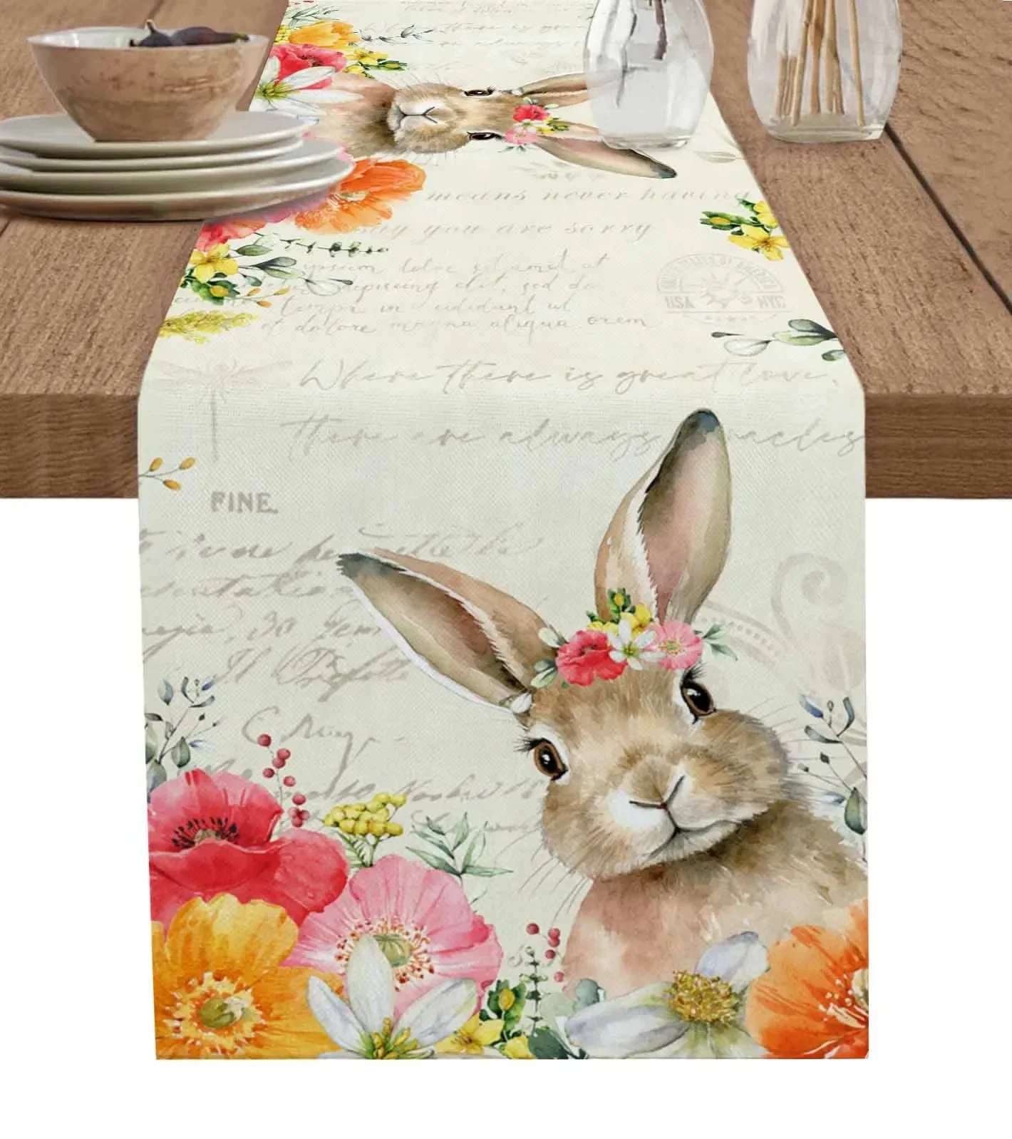 Easter Bunny Spring Flowers Linen Table Runner Washable Dresser Scarves Table Decor Festival Wedding Kitchen Decor Table Runner 2