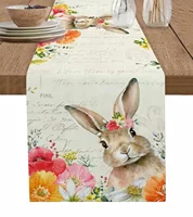 Easter Bunny Spring Flowers Linen Table Runner Washable Dresser Scarves Table Decor Festival Wedding Kitchen Decor Table Runner 2