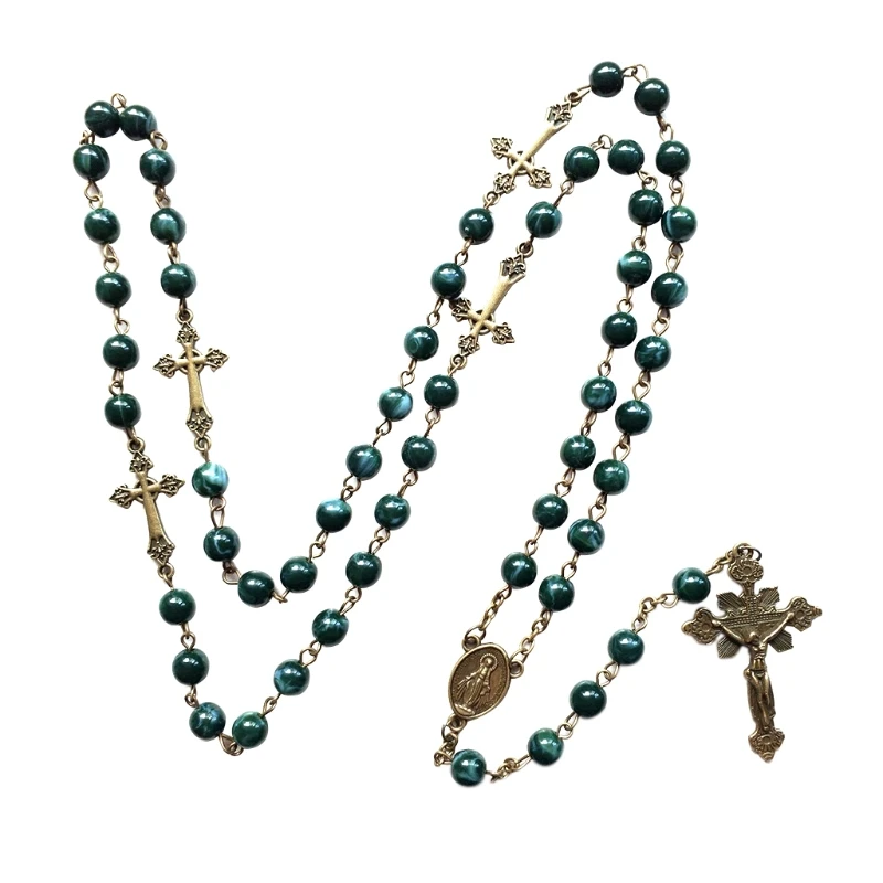 Vintage Religion Rosary Necklace Alloy Jesus for Cross Pendant Necklace Handmade Round Beads Chain Jewelry