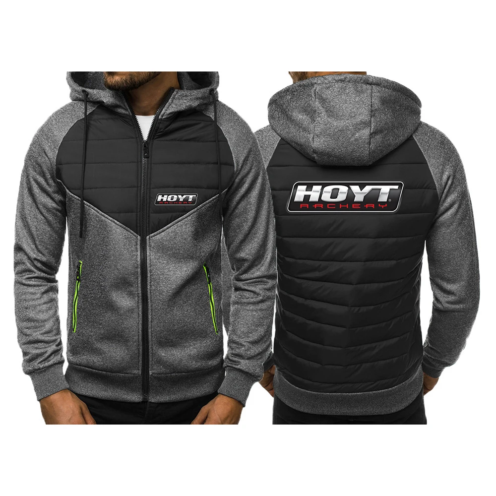 Hoyt Archery 2023 New Spring and Autumn Men Tricolor Hooded Jacket Casual Slim Patchwork Zipper Long Sleeve Clothing