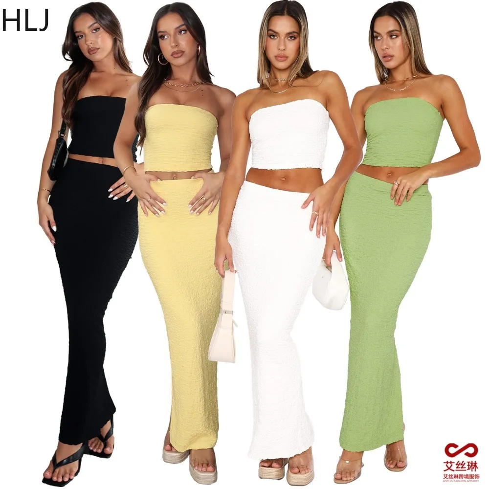 HLJ Elegant Lady Solid Color Puff Ruched Slit Skirts Two Piece Sets Women Tube And Skinny Skirt Outfits Casual Matching Clothing