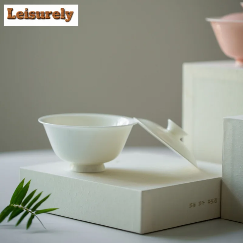 100ml White Porcelain Bamboo Shadow Gaiwan Boutique Solid Color Thin Tire Tea Tureen Tea Maker Cover Bowl for Ornaments